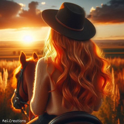 ...and she rode off into the sunset, her mind racing and her thoughts as wild as the land around her, but she will never let herself go back to where she was. This was a step ahead. #ai #aigenerated #aigeneratedimages #aiartists #aiartist #aiartwork #aigeneratedart #aiwoman #horse #sunset #redhair #red Red Head Cowgirl, Mind Racing, Sarah Stone, Horse Sunset, Cowgirl Aesthetic, Back Painting, Let Her Go, The Sunset, Book Aesthetic