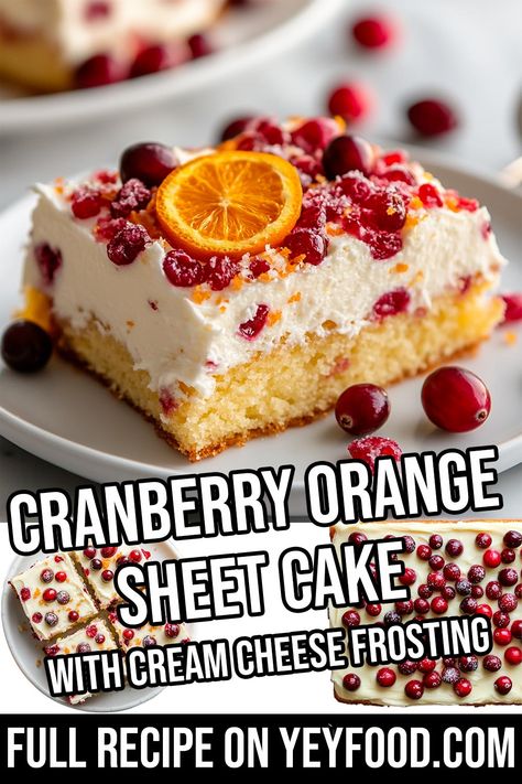 Orange Cranberry Cake Mix Cake, Cranberry Orange Cake Recipe, Cranberry Poke Cake, Orange Sheet Cake, Cranberry Orange Desserts, Easy Christmas Cakes, Christmas Sheet Cake, Orange Cranberry Cake, Cranberry Desserts