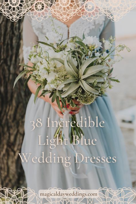 Light blue wedding gowns are becoming more popular, with many brides choosing to forgo the traditional white dress in favor of something a little more unique. There are many colors in the light blue family, ranging from sky blue to baby blue to icy blue, allowing you to pick one that complements your skin tone, eye color, and hair color for your wedding. We have pulled together a list of 38 stunning light blue wedding dresses to help you find the dress that’s perfect for your big day. Light Blue Wedding Dress Long Sleeve, Sky Blue Wedding Dress, Dusty Blue Wedding Dress, Pale Blue Wedding Dress, Older Bride Dresses, Blue Lace Wedding Dress, Light Blue Wedding Dress, Pale Blue Wedding, Sky Blue Weddings