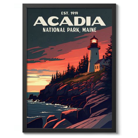 This vintage-style poster of Acadia National Park in Maine captures a serene coastal scene at dusk. Featuring a prominent lighthouse illuminated against a rich, twilight sky, it showcases rugged cliffs and a tranquil sea. Ideal for enthusiasts of minimalist and graphic design, this artwork brings a touch of Americana and natural beauty to any space. Maine National Park, Acadia Maine, American National Parks, Twilight Sky, Majestic Mountains, Acadia National Park, National Parks Trip, Unique Features, Visual Artwork