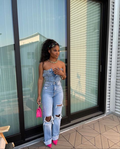 Jeans Bday Outfit, Corset And Jordans Outfit, Heels With Jeans Black Women, Two Piece Jean Set, Blue Jean One Piece Outfit, Jean On Jean Outfit Black Women, Jean Set Outfit Black Women, Denim Outfit Ideas Black Women, Blue Jean Outfit Black Women