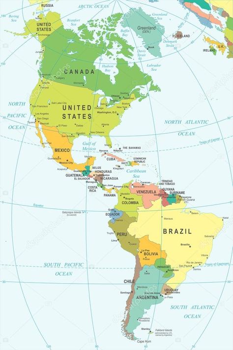 North And South America Map, America Map Illustration, Central America Map, Free Printable World Map, India World Map, World Map Continents, America Continent, Maps Aesthetic, Brazil Map