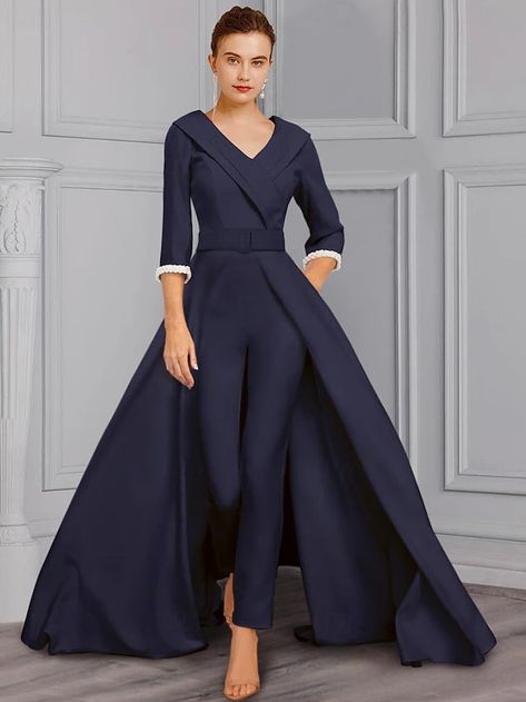 Two Piece Jumpsuit / Pantsuit Mother of the Bride Dress Formal Wedding Guest Elegant detachable V Neck Floor Length Satin 3/4 Length Sleeve with Pearls 2024 2024 - $169.66 A-line V-neck Floor-length Chiffon Lace Mother Of The Bride Dress, Elegant Jumpsuit Classy, Modest Classy Dresses, Dress Formal Wedding Guest, Modest Classy, Classy Jumpsuit, Formal Wedding Guests, Business Attire Women, Classy Dresses