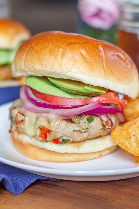 Turkey Feta Burgers, Turkey Burger Recipes Healthy, Southwest Burger, Turkey Chops, Easy Weeknight Dinners Healthy, Whole 30 Snacks, Poblano Pepper, Stuffed Peppers Turkey, Onion Burger