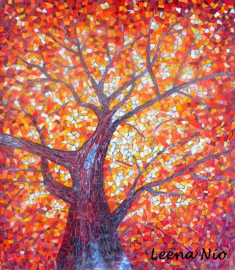 Autumn splendor | by Leena Nio Maple Leaf Tree, Landscape Mosaic, Tree Mosaic, Tree Project, Paper Mosaic, Abstract Tree Painting, Mosaic Inspiration, Mosaic Tile Art, Diy Canvas Wall Art