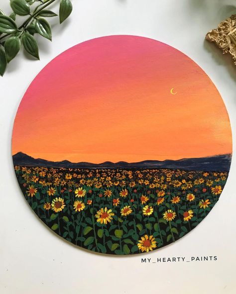 Sunflower Painting Acrylic, My Sunflower, Art Sunflower, Colorful Sunset, Small Canvas Paintings, Simple Canvas Paintings, Cute Canvas Paintings, Round Canvas, Landscape Art Painting