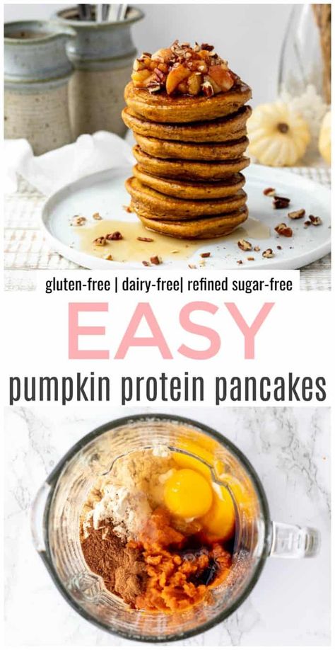 These pumpkin protein pancakes with an apple topping are loaded with autumn flavours and are super fluffy! They’re made in the blender so they can be whipped together in less than 10 minutes! Plus, they’re a great source of fibre and protein. The perfect way to kick off the fall season! {Gluten-free Protein Packed Pancakes Healthy, Pumpkin Protein Pancakes Low Carb, Healthy Pumpkin Pancakes Recipe, Pumpkin Protein Powder Pancakes, Pumpkin Pancakes Protein, Blender Pumpkin Pancakes, Pumpkin Spice Protein Pancakes, Banana Pumpkin Pancakes Healthy, Easy Protein Powder Pancakes