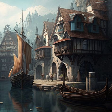 Ocean Town Fantasy Art, Dnd Port City, Ocean City Aesthetic, Port City Fantasy Art, Fantasy Port City, Medieval Port City, Medieval Docks, Rpg City, Medieval Port