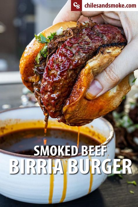 Two worlds collide into a fistful of beefy proportions with these Smoked Beef Birria Burgers. Grab a stack of napkins and get ready for the best burger of your life. Two recipes come together, braised beef birria and juicy smoked burgers. Place them on a toasted bun with a simple garnish, and dunk them into the rich consomé. The sauce is loaded with flavors from the braised beef birria, slowly cooked over the fire. #birriaburger #birria #smokedburgers #burgerrecipe #beefbirria Beef Birria, Smoked Burgers, Two Worlds Collide, The Best Burger, Smoked Meat Recipes, Smoked Cooking, Worlds Collide, Smoked Beef, Dinner Recipes For Family