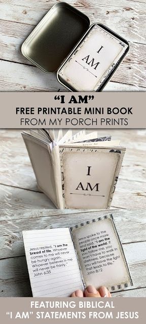 I AM free Mini Book from My Porch Prints: Jesus Bible Bible Mini Books Free Printable, Diy Mini Journal Ideas, My Porch Prints Free, How To Make A Little Book, My Porch Prints Tutorials, Small Journal Ideas Mini Books, Mini Books Printable Free, How To Make A Mini Book, Mini Books Tutorial