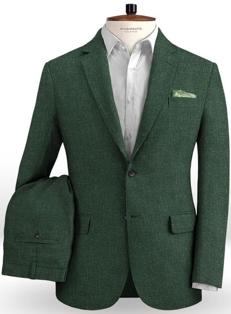 Bring a dash of contemporary Italian style to your wardrobe by adding this Solbiati Bottle Green Linen suit. Crafted from 100% linen, the dark green hue is an unexpected fresh alternative to more classic tones making a chic departure to traditional office attire. Club it with matching waistcoat, a white shirt, and tan shoes.  Look Includes Solbiati Bottle Green Linen Fabric Two Button Jacket Style Notch Lapel Real Horn Solid Buttons Single Vent Two Cuff Buttons Two Welted Back Pockets on Trouser Green Linen Suit, Green Tweed Suit, Linen Suits For Men, Dark Green Jacket, Prom Men, Custom Tailored Suits, Tweed Wedding Suits, Green Two Piece, Suits Prom