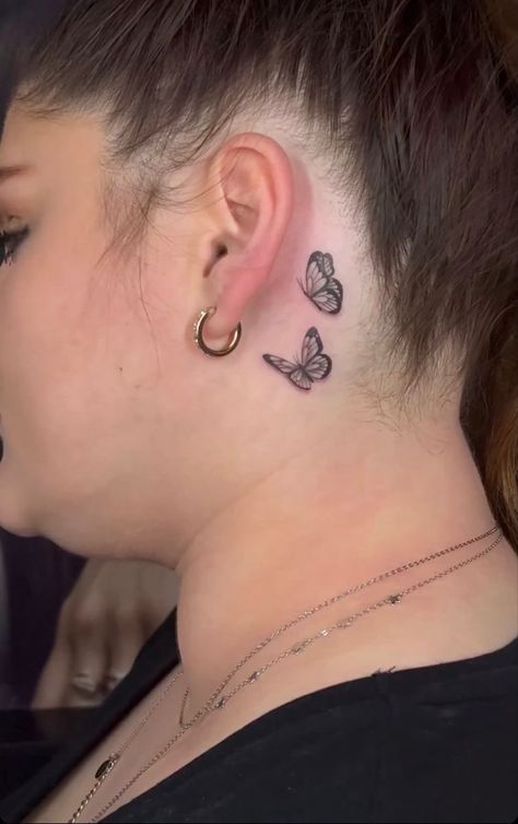 Two Butterflies Tattoo Behind Ear, Behind Ear Tattoo Butterfly, Butterfly Behind Ear Tattoo, Butterfly Ear Tattoo, Butterfly Behind The Ear Tattoo, Butterfly Tattoo Behind Ear, Butterfly Neck Tattoo, Blue Butterfly Tattoo, Small Neck Tattoos