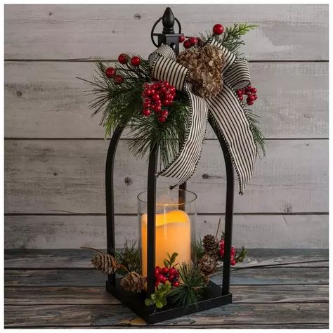 Flocked Pinecone & Berry LED Lantern | Hobby Lobby | 5583497 Holiday Lantern Decor, Small Lantern Decor Ideas, Christmas Porch Lanterns, Decorating Lanterns Ideas, Decorate Lanterns Ideas, Lantern Decor Living Room, Xmas Lanterns Ideas, Christmas Lanterns Decorated Diy, Christmas Basket Decor