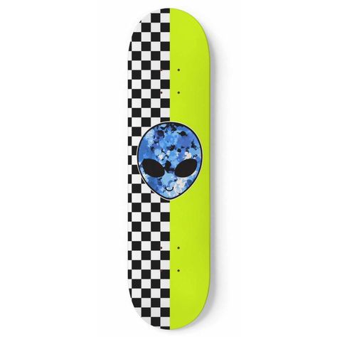 Neon Alien Checkered Skateboard Deck by BigTexFunkadelic #BigTexFunkadelic #skateboarding #skateboard #neon #alien Checkered Skateboard, Neon Alien, Painted Skateboard, Longboard Design, Skateboard Deck Art, Skateboard Art Design, Skateboard Wall Art, Skateboard Parts, Deck Size