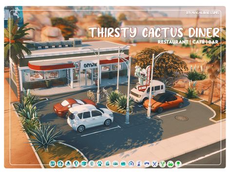 THIRSTY CACTUS DINER - MAXIS-MATCH CC BUILD Sims 4 Diner Build, Sims 4 Oasis Springs Build, Sims 4 Diner, Bloxburg Wedding, Sims 4 Oasis Springs, Sims 4 Community Lots, Ts4 Builds, Sims 4 Maxis Match, Oasis Springs