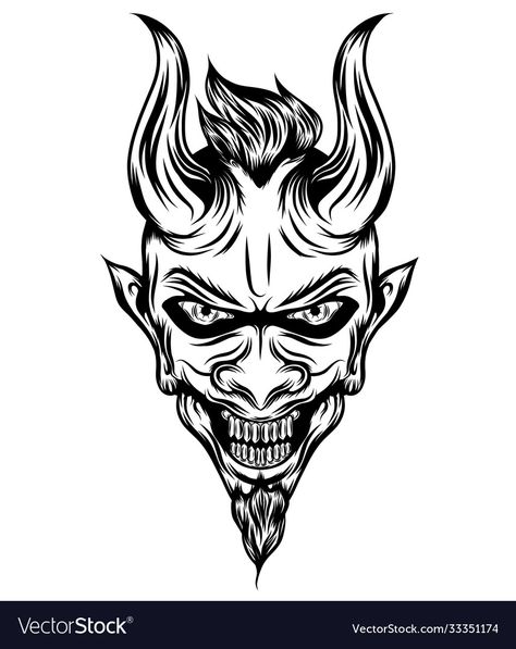 Devil Face Drawing, Devil Tattoo Demons, Evil Face Tattoo, Demon Head Tattoo, Devil Face Tattoo, Demon Face Tattoo, Devil Horns Tattoo, Clown Horn, Devil Face