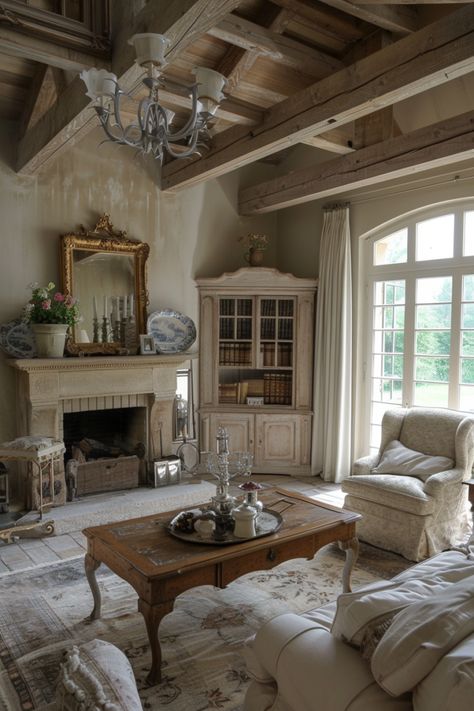 15 French Country Living Room Ideas That Will Make You Say “Ooh La La!” - DreamyHomeStyle French Country Rustic Bedroom, Country Glam Interior Design, French Country Ceiling Beams, European Interior Design Living Room, French Country Living Room Ideas, French Country Family Room, Country Living Room Ideas, French Cottage Living Room, Living Room French Country