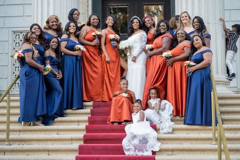 Blue And Orange Fall Wedding, Bridesmaid Dress Color Ideas, Orange And Blue Wedding, Orange Fall Wedding, Fall Wedding Bridesmaids, Bridesmaid Dress Color, Orange Dresses, Palette Inspiration, Winter Wedding Inspiration