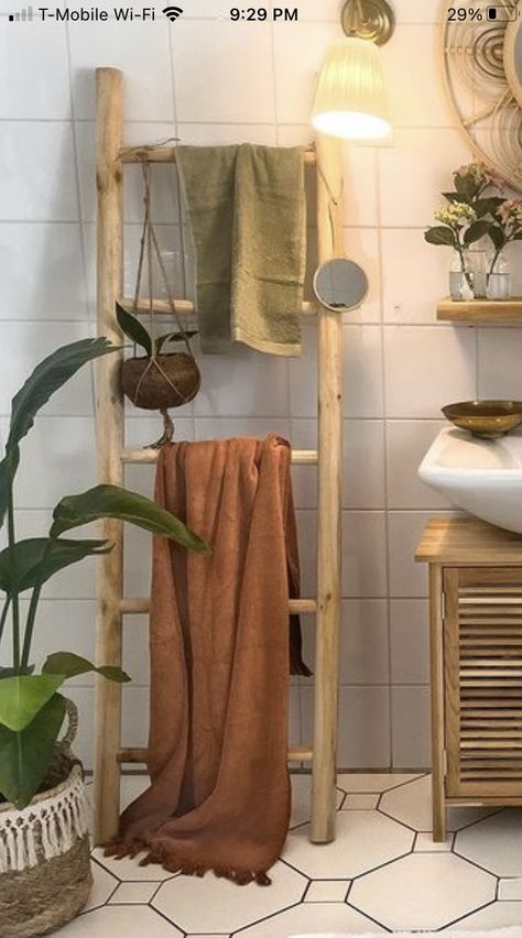 Bamboo Ladder Bathroom, Boho Blanket Ladder, Bathroom Ladder Decor, Blanket Ladder Decor, Bamboo Ladder, Bamboo Ladders, Bathroom Ladder, Earthy Decor, Authentic Decor