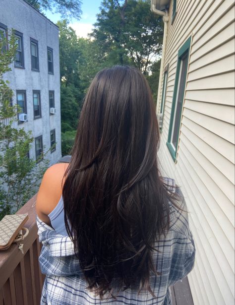 Asked my hairstylist for long layers. Natural dark chocolate color Long Dark Brown Hair Aesthetic, Long Dark Hair Aesthetic, Layered Dark Brown Hair, Dark Brown Hair Aesthetic, Dark Hair Aesthetic, Long Dark Brown Hair, Dark Chocolate Color, Dark Hair With Highlights, Hair Aesthetic