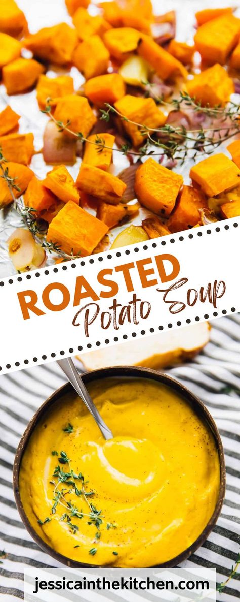 Roasted Sweet Potato Soup tastes absolutely creamy, is loaded with flavour and is made in your oven! The ingredients are roasted then put right into your blender, so NO time is spent hovering over the stove. It’s one of easiest soups you’ll ever make. It’s also vegan, gluten free and loaded with delicious healthy ingredients. This Roasted Sweet Potato Soup is kinda sweet, really creamy, super smooth and loaded with so much flavour. Roasted Potatoes Soup, Creamy Sweet Potato Soup, Sweet Potato Soup Recipes Easy, Roasted Sweet Potato Soup, Low Calorie Soup Recipe, Easy Sheet Pan Dinner, Sweet Potato Recipes Healthy, Sweet Potato Soup Recipes, Gluten Free Sweet Potato