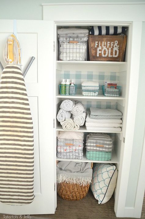 Closet Makeover with Fabric. Create "faux" wallpaper for the fraction of the price with panels that can be changed out. All the no-sew details. Closet Organization Solutions, Linen Closet Makeover, Laundry Closet Makeover, Small Linen Closets, Bathroom Linen Closet, Organizing Linens, Bathroom Closet Organization, Organized Closet, Small Space Interior Design