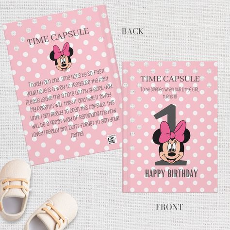 Time Capsule Guest Book, 1st Birthday Keepsake, Birthday Guest Book, Minnie Mouse 1st Birthday, Minnie Birthday Party, Girl 1st Birthday, Minnie Birthday, Letter To Yourself, Family Stories