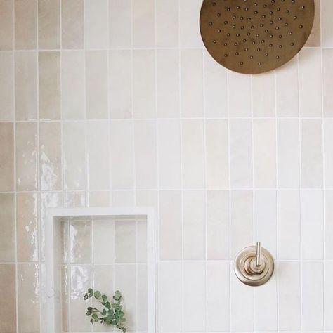 Creamy Bathroom Ideas, Off White Shower Tile, Traditional Shower Tile, Ivory Shower Tile, Bedrosians Celine Tile, Walk In Shower Inspiration, Cloe Tile Shower Bathroom, Cream Subway Tile Bathroom, Rectangle Shower Tile