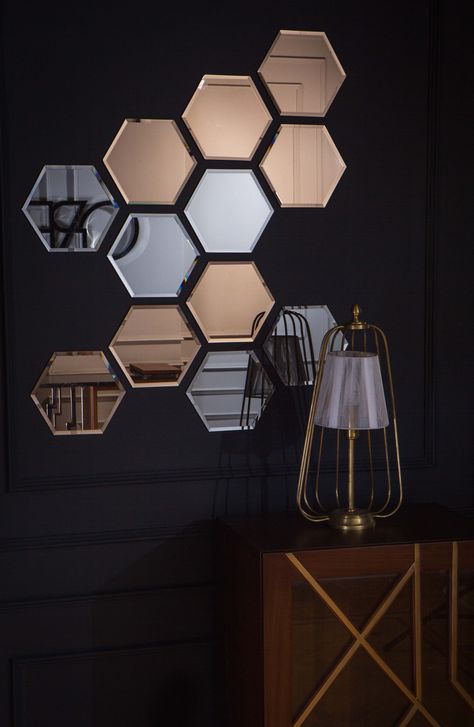 Chrysler Hexagon Mirrors #Mirror #homeaccessories Hexagon Mirror Design, Hexagonal Mirror Wall, Hexagon Mirror Wall Decor, Mirror Wall Decor Bedroom, Hexagonal Mirror, Diy Mirror Wall Decor, Diy Mirror Wall, Wooden Accent Wall, Accent Wall Design