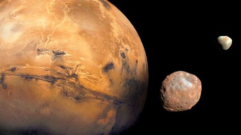 Mars and its moons Phobos and Deimos Mars Moons, Tata Surya, Moon Names, Moon Circle, Planet Mars, Star Formation, Nasa Jpl, Red Planet, Close Encounters