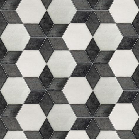 Bold patterned with high styled design, this porcelain hexagon can be installed wall or floor. Be a trend setter and this will be the highlight of your space Boutique Ceramic Starfire White and Black 6-in x 6-in Multi-finish Porcelain Patterned Floor and Wall Tile (0.177-sq. ft/ Piece) | LW20121808 Black And White Tile Floor Laundry Room, Black And White Pattern Tile, Charcoal And White Kitchen, Black And White Tile Backsplash, Black And White Shower Tile, Black And White Tile, Hexagon Floor Tile Pattern, Art Deco Floor Tiles, Black And White Backsplash