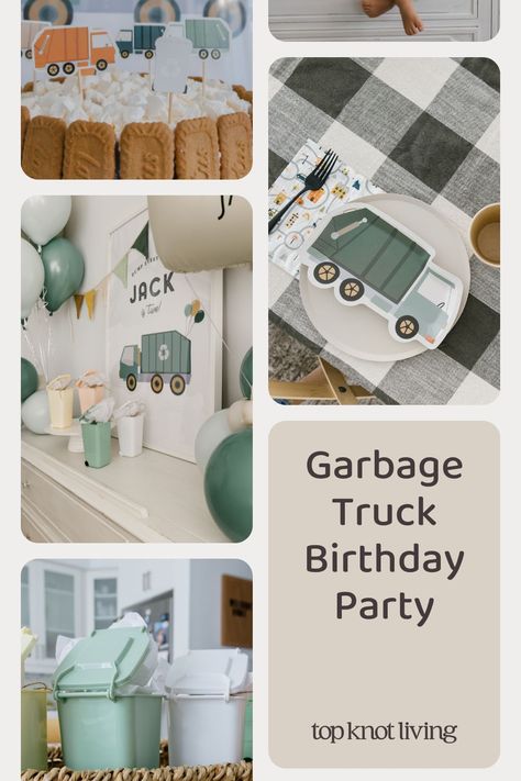 Pastel garbage truck-themed birthday setup with mini garbage can loot bags, custom cake toppers, and balloon bouquets. First Birthday Loot Bag Ideas, Trash Truck Bday Party, Garbage Truck Birthday Party Decorations, Truck Two Year Old Party, Trash Truck 2nd Birthday Party, Trash Truck Birthday Party Food, Trash Truck Birthday Party Ideas, Garbage Truck Theme Birthday Party, Trash Birthday Party