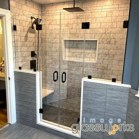 Tile Shower With Half Wall And Glass Door, Double Shower Walk In Glass Doors, Double Shower No Door, Double Shower Door Ideas, Tile Showers With Glass Doors, Walkin Shower Doors, Shower With Pony Wall And Glass Door, Bathroom Remodel Double Shower Head, Walk In Shower With Door In Middle