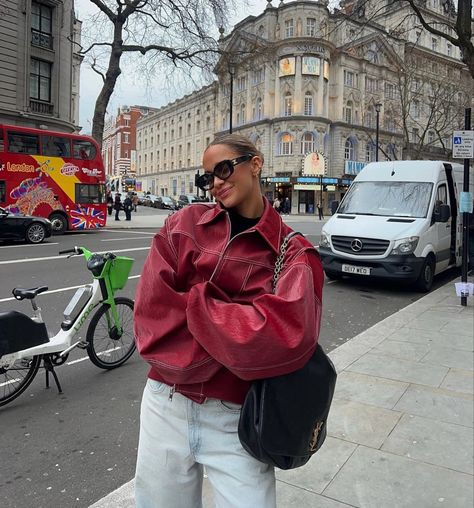 Outfits With Short Jackets, Winter Statement Pieces, Sport Jacket Outfit, Crop Top Outfits Fall, Red Leather Jacket Outfit, Red Jacket Outfit, Layered Winter Outfits, Eurotrip Outfits, Nyc Fits