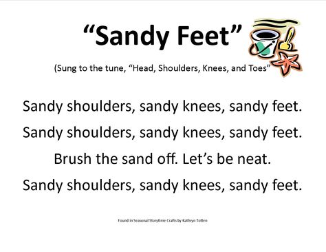 Beach themed storytime- "Sandy Feet" song Beach Songs For Toddlers, Beach Songs For Preschool, Beach Curriculum For Toddlers, Songs About The Beach, Music Activities Preschool, Beach Poems, Beach Theme Preschool, Beach Song, Beach Songs