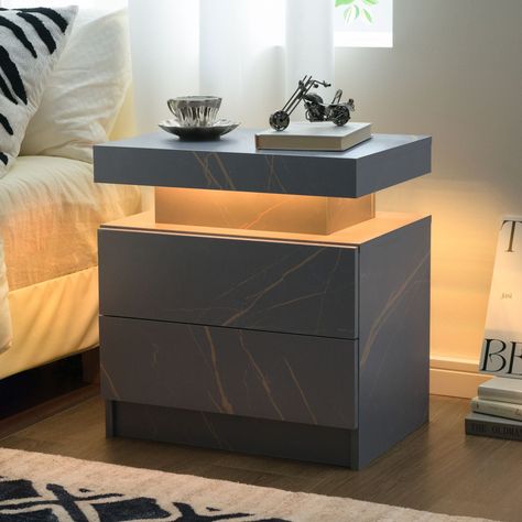 Bedside Table Wooden, Modern Bedroom Interior Simple, Bedroom Table Design, Marble Bedroom Decor, Led Nightstand, Marble Bedroom, Bedroom Side Table, Led Bedside Table, Led Lights For Bedroom