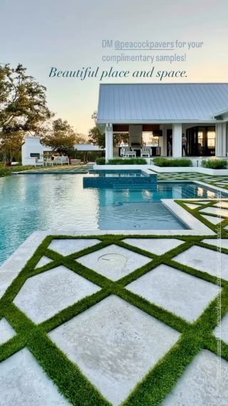 Stone And Pavers Backyard Ideas, Pool With Grass And Pavers, Turf Between Pavers, Patio Around Pool, Exterior Pavers, Stone Around Pool, Pavers Around Pool, Large Concrete Pavers, Pervious Pavers