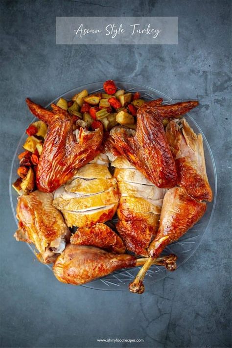 This Asian style turkey uses a delicious brine to pack in the flavor! Start with star anise, clove, ginger, garlic, green onion, onion, cinnamon sticks, salt and soy sauce to make the brine water, then marinate for at least a day before roasting. Delicious! Christmas Turkey Recipes, Asian Turkey, Whole Turkey Recipes, Tofu Pudding, Turkey Brine Recipes, Chinese Bbq Pork, Asian Spices, Turkey Brine, Whole Turkey