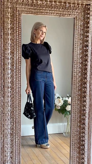 S a r a on Instagram: "Weekending … ✨🖤 • Puff Sleeve Tee @zara • Augusto Indigo Jeans @sezane pr • Taffeta Tie Belt Coat @monsoon (vintage) • Lolita Champagne Platform Heels @paradox_london pr • Sequin Bag @accessorize (old favourite) • Crystal Drop Earrings @anthropologieeu • Coast Tumble Glisten Pavé Toggle Bracelet @kitheathjewellery AD (20% off using WELLIES20 at KitHeath.com) #MyStyle #Outfit #StyleInspo #WeekendStyle #WhatToWear #OutfitInspo #StyleReel #SezaneLovers #SezaneStyle # Sequin Bag Outfit, Tie Belt Coat, Belt Coat, Sequin Bag, Indigo Jeans, Pattern Ideas, Toggle Bracelet, Belted Coat, Weekend Style