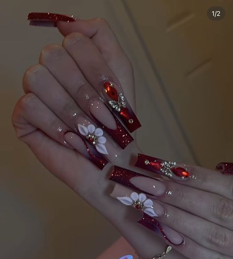 Burgundy Nails Quinceanera, Red Crown For Quinceanera, Red And Gold Nails Acrylic Coffin Quince, Quince Nails Burgundy And Gold, Maroon Quinceanera Nails, Black And Red Quinceanera Cake, Sweet 16 Dresses Red And Gold, Red Nails For 15, Red And Black Prom Nails Acrylic Long