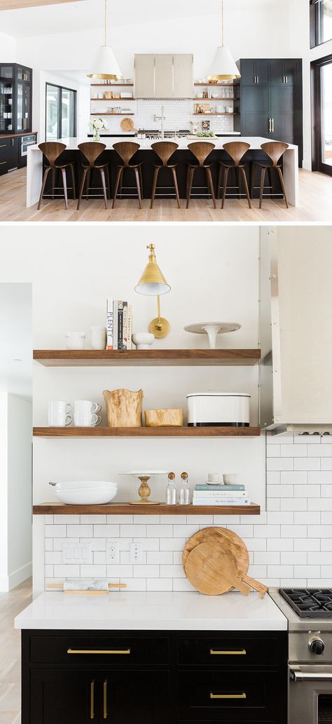 Kitchen Design Idea - 19 Examples Of Open Shelving Kitchen Open Shelf, Kitchen Open Shelving Ideas, Kitchen Shelf Decor, Kitchen Wall Shelves, Breakfast Bar Kitchen, Open Kitchen Shelves, Kitchen Stand, Kitchen Design Open, Trendy Kitchen