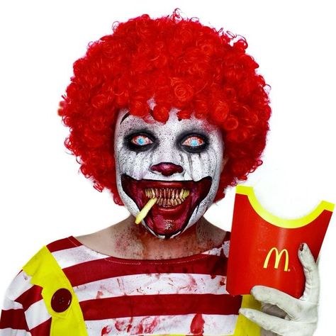 Scary Clown Masks, Scary Ronald Mcdonald Makeup, Ronald Mcdonald Makeup Halloween, Scary Ronald Mcdonald Costume, Mcdonald’s Halloween, Creepy Ronald Mcdonald, Scary Ronald Mcdonald, Billie Halloween, Evil Ronald Mcdonald