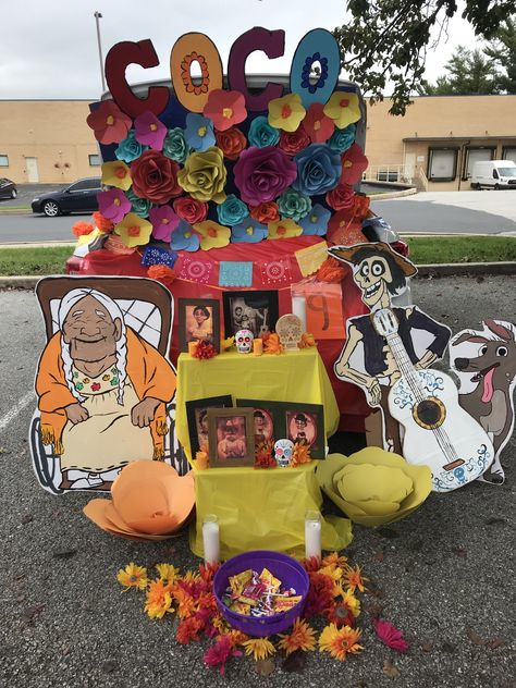 #coco #trunkortreat Coco Trunk Or Treat Ideas For Cars, Coco Inspired Halloween Decorations, Coco Trunk Or Treat Ideas, Coco Themed Trunk Or Treat, Disney Coco Trunk Or Treat, Coco Trunk Or Treat, Coco Halloween Decorations, Coco Movie Halloween Decorations, Disney Coco Backdrop