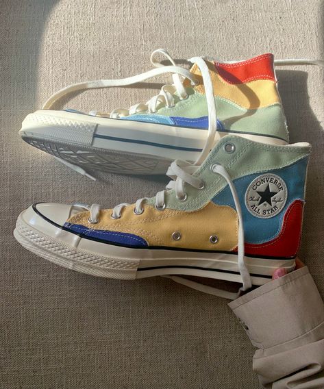 Multicolored Patchwork style of converse all-star Multi Colored Converse, Shoe Inspo Converse, Colourful Converse Outfit, Different Color Converse, Diy Converse Shoes Paint, Colorful Converse Outfit, Bright Converse, Funky Converse, Converse Patchwork