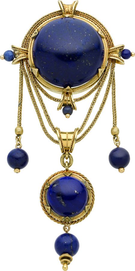 Victorian Lapis Lazuli, Gold Brooch, French The brooch features a lapis lazuli cabochon, suspending a pendant enhanced by a lapis lazuli cabochon, stationed by fancy link 18k yellow gold chain, accented by carved lapis lazuli beads, set in 18k yellow gold, completed by a pinstem and "c" catch on the reverse. French hallmarks. Gross weight 32.80 grams. Reverse French, Lapis Lazuli Jewelry, Historical Jewellery, Lapis Lazuli Beads, Gold Brooch, Signature Jewelry, Gold Brooches, Yellow Gold Chain, Victorian Jewelry