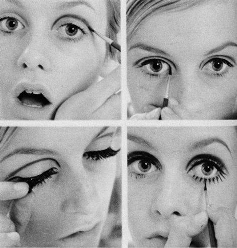 This series of photos offers a glimpse of Twiggy before and after she applies her trademark lashes. At one point, the English model and '60s icon later revealed, "I was layering three pairs of false eyelashes over my own." Twiggy Lawson, Mod Makeup, 1960s Makeup, Twiggy Makeup, Colleen Corby, 60s Makeup, Pattie Boyd, Jean Shrimpton, Doe Eyes