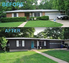 Exterior Update Help - 1960's Yellow Brick Ranch | Homes ...                                                                                                                                                                                 More Exterior Remodel Before And After, House Exterior Before And After, Exterior House Renovation, Mid Century Modern Exterior, Ranch House Exterior, Mid Century Exterior, House Before And After, Ranch Remodel, Mid Century Ranch