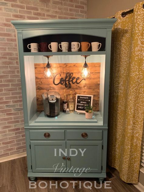 SOLD Custom Armoire Coffee Bar Beverage Bar Wine Bar | Etsy Armoire Coffee Bar, Kaffe Station, Rustic Coffee Bar, Armoire Bar, Solid Wood Armoire, Coffee Cabinet, Beverage Bar, Diy Coffee Bar, Coffee Bar Design