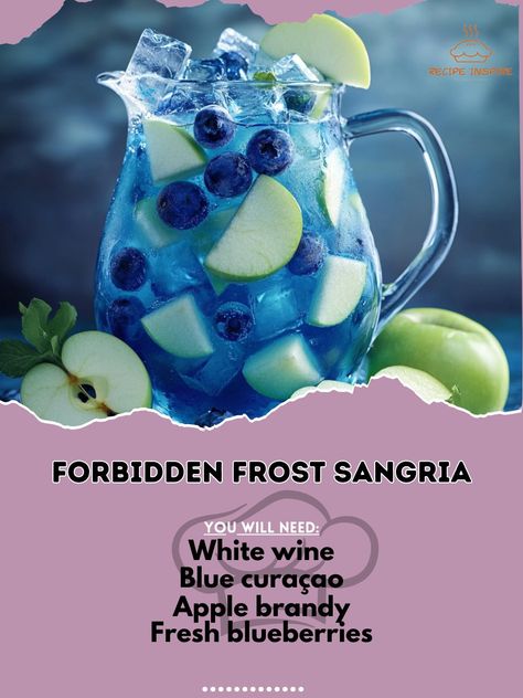 🍇❄️ Experience the chill of Forbidden Frost Sangria—a refreshing twist on a classic favorite! 🍷💙 #SangriaMagic #ForbiddenFrost Forbidden Frost Sangria Ingredients: White wine (1 bottle) Blue curaçao (1/2 cup) Apple brandy (1/4 cup) Fresh blueberries (1/2 cup) Sliced green apples (1 apple) Club soda (1 cup, chilled) Ice (as needed) Instructions: In a pitcher, combine white wine, blue curaçao, and apple brandy. Add blueberries and apple slices. Stir and refrigerate for at least 2 hours. Add... Blue Sangria, Sangria Ingredients, Tiffany Party, Cocktail Party Food, Cocktails To Try, Apple Brandy, Yummy Alcoholic Drinks, Green Apples, Blue Curacao