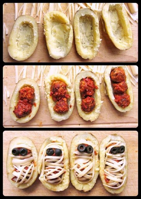 Halloween Mummy Meatballs, Mummy Pumpkin Carving Ideas, Halloween Potato Recipes, Halloween Potatoes, Halloween Meatballs, Halloween Eats, Pumpkin Pizza, Easy Halloween Snacks, Recetas Halloween